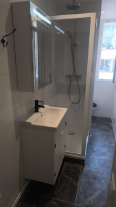 Photo de galerie - Installation d’un meuble vasque et d’une douche : pose des équipements sanitaires, robinetterie et finitions soignées.