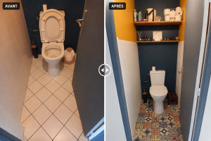 Photo de galerie - Dépose complète de l’ancien WC• nettoyage et préparation du support• pose d’un revêtement de sol en lames PVC rigide, imitation carreaux de ciment au style rétro• remise en place et raccordement du WC• réalisation des finitions.