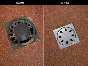 Photo de galerie - Remplacement d’une bonde de sol dans un restaurant : dépose de l’ancienne bonde endommagée et pose d’un modèle inox neuf.
