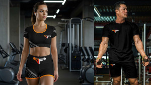 Photo de galerie - Création de deux tenues de sport (homme et femme) réalisées dans le cadre de l’identité visuelle de la salle Dynamic Fitness.
Un design cohérent avec l’image de la marque, moderne et dynamique, adapté à l’univers du fitness.
