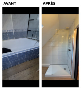 Photo de galerie - Rénovation totale, salle de bain. Étanchéité, transformation baignoire avec dégât des eaux en douche à « l’italienne ». 
