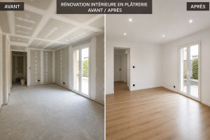Photo de galerie - Rénovation d'un studio isolation et pose de plâtrerie pose de spots, prise, lissage des murs et plafonds et mise en peinture mat ( plafond ) velours ( murs )