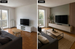Photo de galerie - Réalisation d’un nouvel agencement séjour et meuble tv avec covering mural 