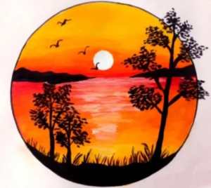 Photo de galerie - Paysage au coucher de soleil réalisé à l’acrylique avec effets de reflet sur l’eau.