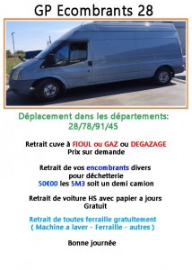 Photo de galerie - GP Encombrants 28 : déplacement dans le département 28 pour vos encombrants ( machine a laver - ferraille - voiture HS - cuve fioul ... ) . travail rapide et soigner SUR RDV merci
gratuit  si que de la ferraille
50€00 pour encombrant divers et par demi 