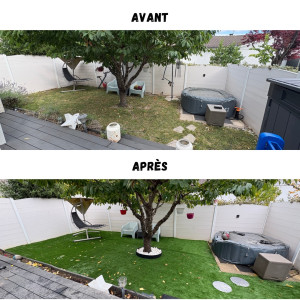 Photo de galerie - Mise en place d’un gazon synthétique avec des pas japonais intégrés, accompagné d’un massif minéral autour de l’arbre pour une finition naturelle et harmonieuse