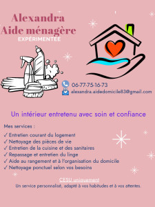Photo de galerie - Aide à domicile expérimentée, je vous accompagne au quotidien : aide à la toilette, ménage, préparation des repas, courses, accompagnement et soutien dans les gestes de la vie quotidienne. Sérieuse, discrète et à l'écoute.