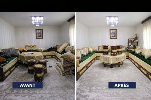 Photo de galerie - ✨ Salon – Avant / Après ✨
Transformation complète d’un espace encombré en un salon propre, ordonné et élégant.  
Coussins alignés, tables recentrées, décoration harmonisée : le résultat est net, chaleureux et accueillant.

