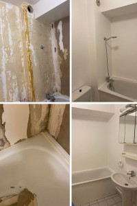 Photo de galerie - Rénovation de salle de bain mur et plafond après dégât des eaux.