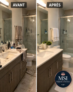 Photo de galerie - Nettoyage complet et désinfection de la salle de bain : lavabo, miroir, douche, toilettes, meubles et sols. Une pièce propre, fraîche et parfaitement soignée par MSI Propreté & Services.
