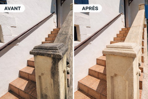 Photo de galerie - Avant / après nettoyage Karcher d’escaliers et rambarde