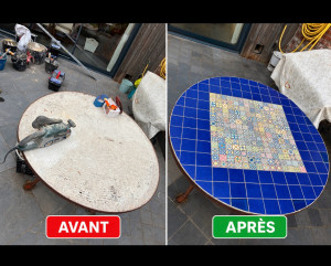 Photo de galerie - Dépose de l’ancien revêtement, préparation du support et pose d’un nouveau carrelage avec une touche de mosaïque décorative.