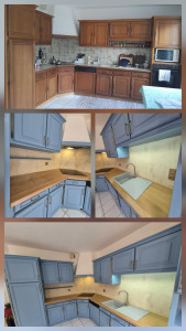 Photo de galerie - Rénovation de cuisine, plan de travail en chêne massif, crédence en enduit tadelakt.