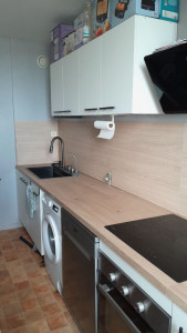 Photo de galerie - Démontage vieille cuisine. montage meuble en kit avec assemblage, découpe plan de travail+crédence bois. montage hotte.raccordement évier avec robinet