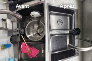 Photo de galerie - Avant / après nettoyage de l’évier ✨ Dégraissage, désinfection et remise à neuf. Travail soigné et efficace pour un résultat impeccable. Disponible pour vos besoins en ménage ?