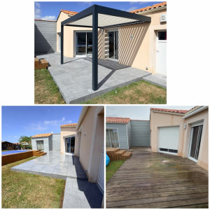 Photo de galerie - Pose d’une terasse en dalle sur plot plus pergola bioclimatique 