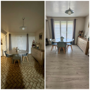 Photo de galerie - Pose d’un sol moderne: parquet clair. Résultat : une pièce plus lumineuse et chaleureuse.