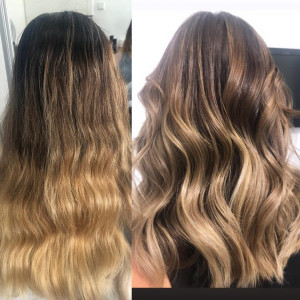 Photo de galerie - Avant et apres balayage en patine correction de couleur 
