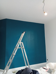 Photo de galerie - Réalisation. peinture d une chambre plafond et murs Blanc avec un pan de Mur de couleur 