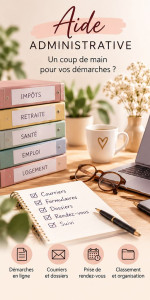 Photo de galerie - ? Aide administrative personnalisée

Besoin d'aide pour vos démarches ?

Je vous accompagne pour vos courriers, formulaires, dossiers retraite, démarches en ligne, classement et prise de rendez-vous.

Une aide sérieuse, discrète et adaptée à vos besoins 