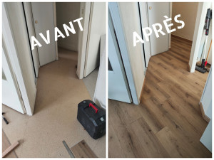 Photo de galerie - Pose de parquet en continu sans barre de seuil.