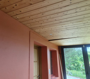 Photo de galerie -  Stabilisation d'un plafond en lambris et pose de corniches/ avant