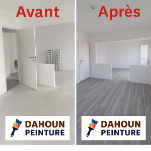 Photo de galerie - Après intervention : application d’un revêtement de sol (parquet stratifié), remise en état des murs, enduit, ponçage et peinture finition blanche.