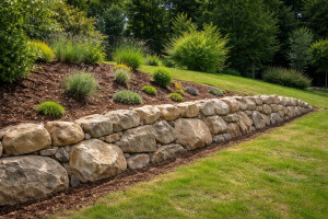 Photo de galerie - Création d’un massif et d’une pente douce, pierres empilées de manière irrégulière pour un rendu naturel , 