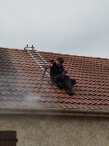 Photo de galerie - Démoussage d'une toiture à deux versants.