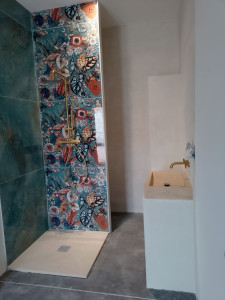 Photo de galerie - Faience douche , installation plomberie et électricité, meuble placo et enduit façon béton ciré 
