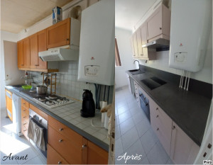 Photo de galerie - Rénovation cuisine.
Peinture murs et façades de placards. Changement évier, plaque de cuisson, hotte et four.
Plan de travail et crédence
