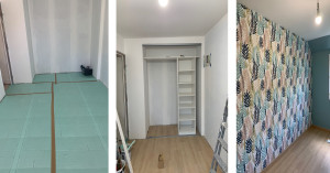 Photo de galerie - Décoration d'une chambre peinture et tapisserie, création d'un dressing y compris aménagement et pose parquet d’un stratifié.
 