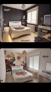 Photo de galerie - Nouvelle vie pour cette chambre !   Retrait de papier peint, pose de tapisserie panoramique, changement de luminaire ?