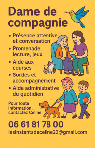 Photo de galerie - •Présence attentive et conversation
. Promenade, lecture, jeux
 . Aide aux courses
 . Sorties et accompagnement
 . Aide administrative du quotidien