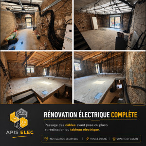 Photo de galerie - Rénovation électrique complète en cours. Passage des câbles et préparation du tableau électrique avant la pose du placo. Un travail soigné pour une installation fiable et durable.