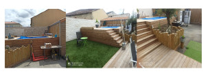 Photo de galerie - Création terrasse, aménagement extérieur, pose de pierres de parement, plantation arbuste et végétation, peinture