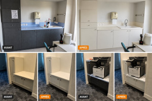 Photo de galerie - Rénovation de meubles avec vinyle – AVANT / APRÈS Changement de couleur et modernisation du mobilier grâce à la pose de film vinyle. Travail soigné et finition professionnelle.