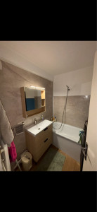 Photo de galerie - Rénovation de salle de bain réalisée par mes soins : pose meuble vasque, robinetterie, raccordements plomberie, installation électrique (miroir LED) et pose de dalles PVC murales.