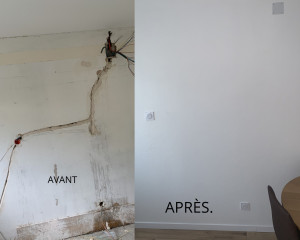 Photo de galerie - Création saignée électrique + rebouchage + finition mur propre Avant / Après.