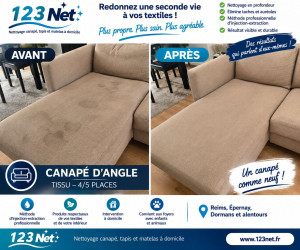 Photo de galerie - Nettoyage professionnel d’un canapé d’angle – résultat avant/après.