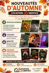 Photo de galerie - Nouveautés automne 2026 : ramassage de feuilles, nettoyage extérieur, entretien de tombes, bien-être à domicile (massage connecté et luminothérapie) et créations pour Halloween.