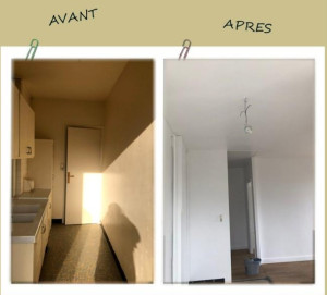 Photo de galerie - Avant/Après : ouverture cloison de cuisine pour agrandissement d'espace et reprise de l'ensemble des murs du logement. Dépose papier-peint, enduit, application peinture
