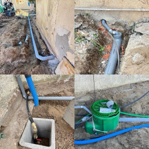 Photo de galerie - Pose de PVC extérieur avec raccordement au regard et à l’arrivée d’eau générale. Installation d’un regard sans fond et raccordement de la pompe de relevage pour l’évacuation des eaux.