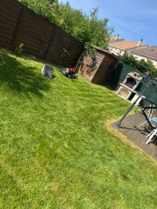 Photo de galerie - Remise en état complète d'un jardin avec herbes hautes. Tonte précise, passage de la débroussailleuse sur les bordures et évacuation des déchets verts pour un résultat impeccable.

