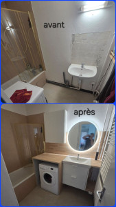 Photo de galerie - Rénovation SDB 
sol , lavabo et meuble  , création d un meuble machine a laver , plan de travail , crédence et étagères,  meuble haut , miroir , bloc prise escamotable,  ect...
