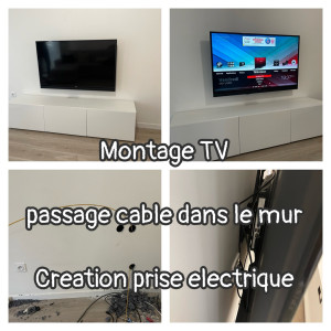 Photo de galerie - Installation support tv et passage de câbles invisibles entre tv et meuble 