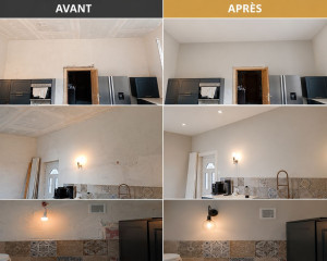 Photo de galerie - Réalisation 1 couche enduit garnissant Mur et plafond incorporation toile fibrer dans l enduit pour renfort et  2 couches enduit de lissage 