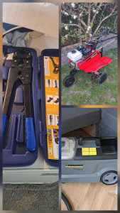 Photo de galerie - Je vous propose à la location ce motoculteur, cette sertisseuse manuelle et cette shampouineuse professionnelle. 