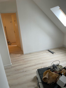 Photo de galerie - Retrait de lino et  pose de parquet, reprise des murs avec papiers peint, ensuite enduits et ds le respect des temps de séchage peintures 2 couches 