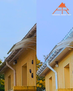 Photo de galerie - -Dépose des anciennes gouttières en PVC, dépose des anciennes planches de rives en bois, dépose de l'ancien lambris en bois
-Pose de gouttières en PVC, pose de planches de rives en PVC, pose de lambris en PVC